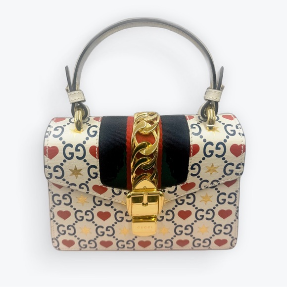 Auth Gucci White Leather Top Handle Ltd Edition Sylvie Heart GG Monogram Handbag - Picture 10 of 16